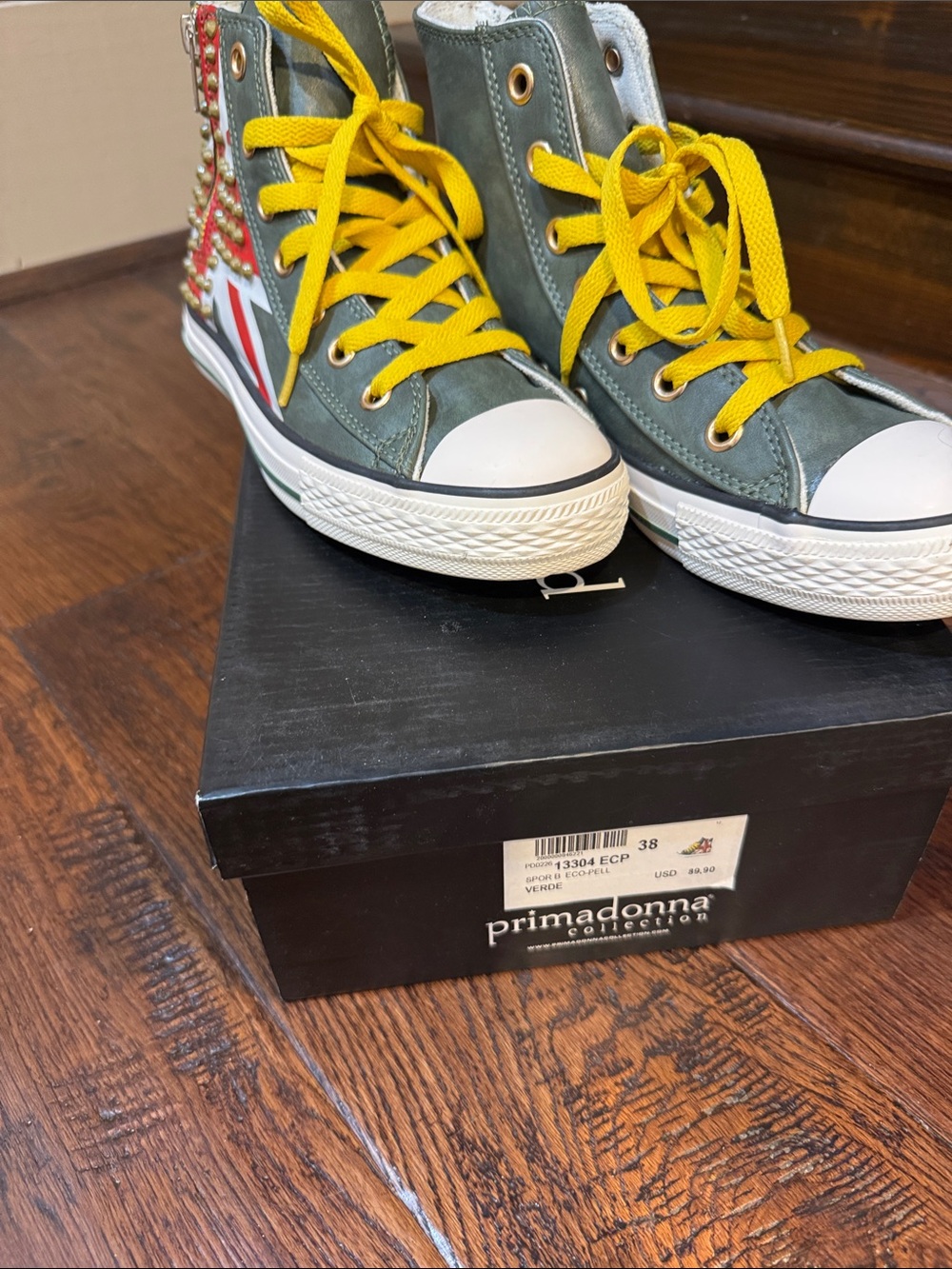 Prima Donna Kids Olive Green High-Top Sneakers with Yellow Laces